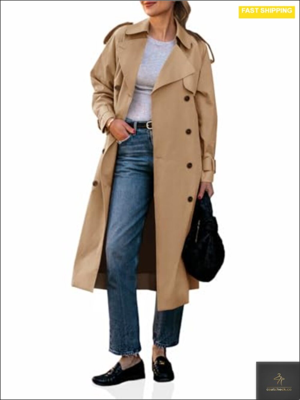 Women's Long Trench Coat Double Breasted Notch Lapel with Belt Waterproof
